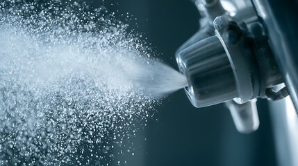 Obraz premium Industrial spray nozzle releasing fine water mist in a dark setting.