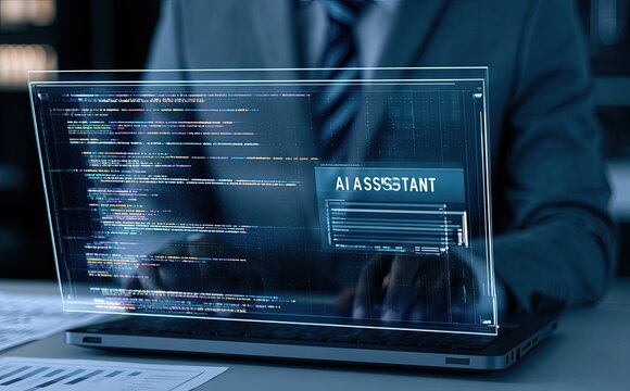 Person in suit interacts with AI assistant overlay on a laptop