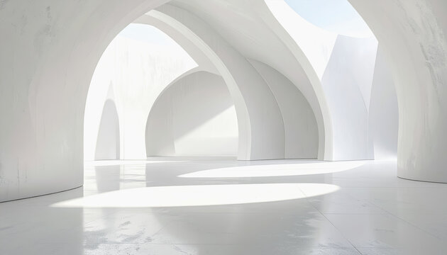 Abstract minimalist architecture with smooth white arches and curved walls