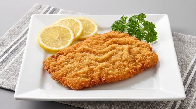 Golden Crispy Wiener Schnitzel with Lemon Slices and Fresh Parsley Garnish on White Square Plate