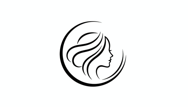 Minimalist black and white logo shows a woman's profile with flowing hair contained within a partial circular stroke for a beauty brand.