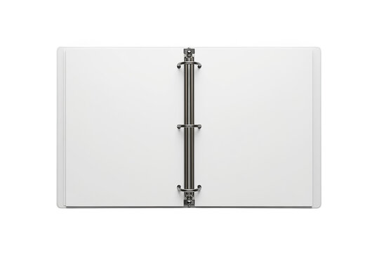 Open white ring binder with blank pages and metal rings