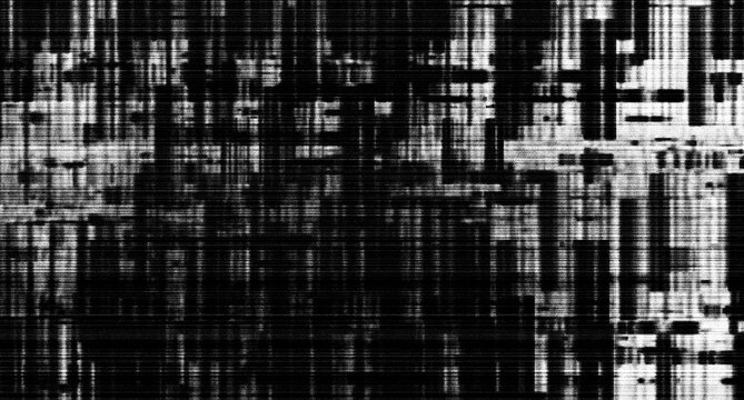 Abstract Digital Glitch Screen Texture Background with Black and White Geometric Noise Pattern"