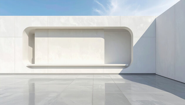 Modern architectural facade with a rounded niche and a shelf against a clear blue sky