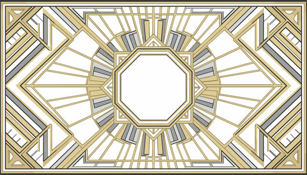 Ornate art deco border design featuring intricate gold and silver geometric patterns with a central octagonal frame.