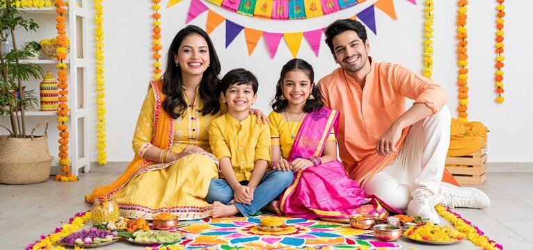 Joyful Indian family in traditional clothes surrounded by colorful rangoli and festive decorations celebrating Ugadi.