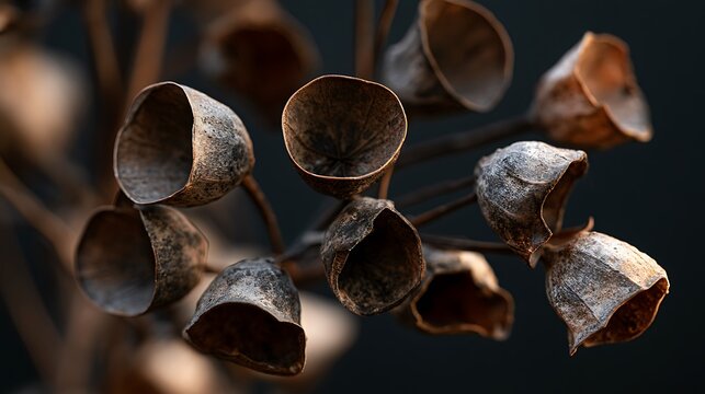 Macro photography of dry eucalyptus seed pods on dark background.
