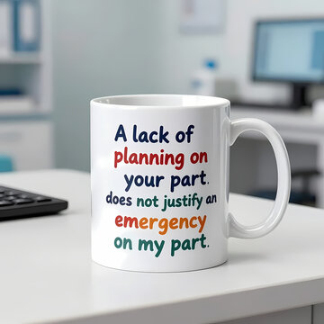 Photorealistic illustration Text phrase A lack of planning on your does not justify an emergency on my part printed on office mug 