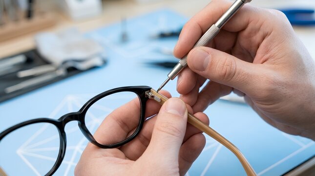 Optician Repairing Eyeglasses Hinge with Mini Screwdriver at Workmanship Desk Closeup Stock Photo