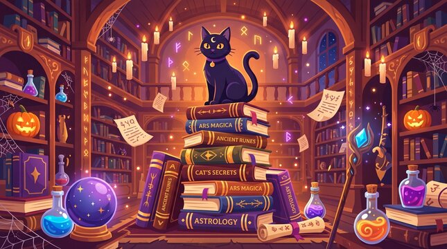 Mystical Library Sanctuary: A sleek black cat sits regally atop a towering stack of ancient tomes in a dimly lit, enchanted library filled with arcane artifacts and glowing potions.