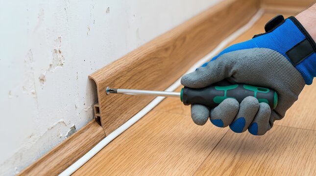 Handyman Installing Baseboard Molding with Screwdriver on Wooden Floor Home Renovation Stock Photo