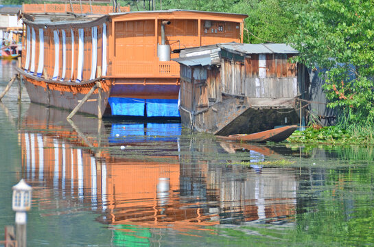 Kasmir with Dal freshwater lake in the city of Srinagar with Houseboats and shikaras on the lake, India