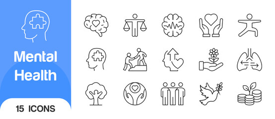 Fototapeta premium Mental health line icon set psychology, self care, mindfulness, emotional wellbeing, support, and brain vector icons collection
