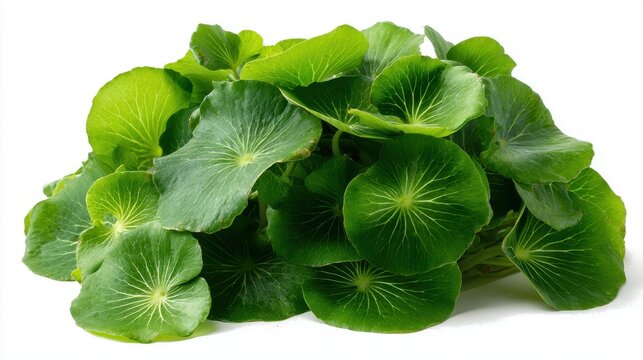A cluster of vibrant green gotu kola leaves against a plain white background botanical illustration