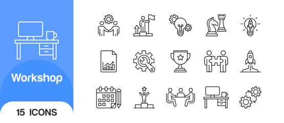 Fototapeta premium Workshop icon set for business, teamwork, leadership, management and strategy vector line icons collection