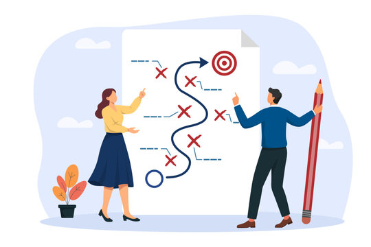 Business people planning strategy and path to target goal on giant paper sheet. Vector illustration concept for strategic planning, business success, business team planning and problem solving.
