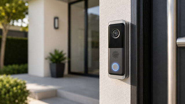 Smart video doorbell with security camera installed at modern home entrance