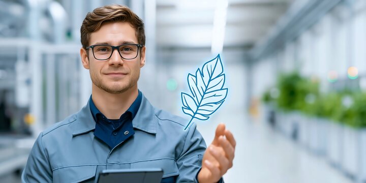 A stylish young plant supervisor in a neat pressed uniform reaching toward a glowing feather icon above his tablet on a bright spotless factory floor, representing a light lean operation.