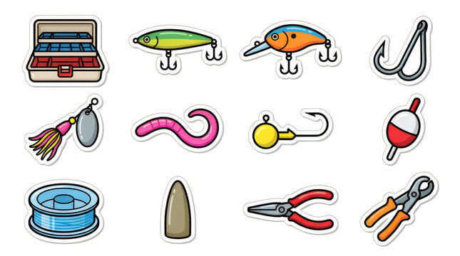 Set of colorful fishing gear icons including lures hooks bobber tackle box and tools