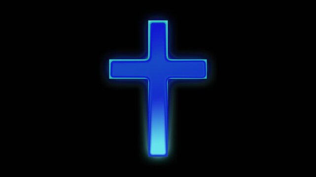 A glowing blue cross shape isolated on a black background, featuring a smooth vertical gradient transition from dark blue to light cyan. Designed with a digital heatmap and neon aesthetic
