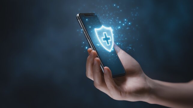 Hand holding smartphone with security icon.