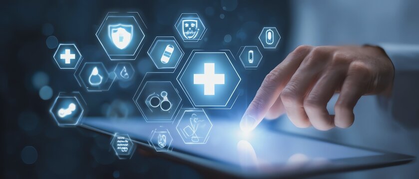 Hand interacting with digital health icons.