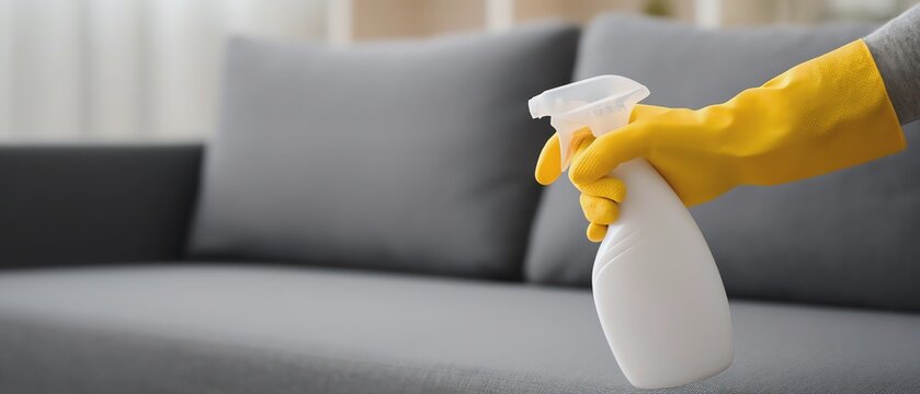Person cleaning a couch with spray and gloves.