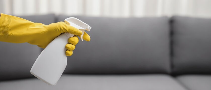 Person cleaning couch with spray bottle.
