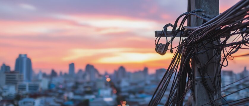 Power lines against a vibrant sunset backdrop.