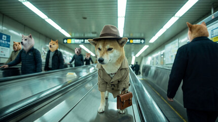 Fototapeta premium Dog traveling in airport, creative anthropomorphic lifestyle scene exploring animal behavior, responsible care, companionship, wellbeing, humane values, education, modern lifestyle