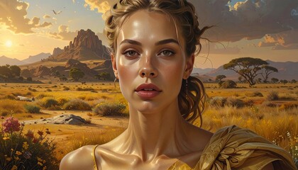 Radiant Woman Portrait in Desert Landscape with Warm Sunset