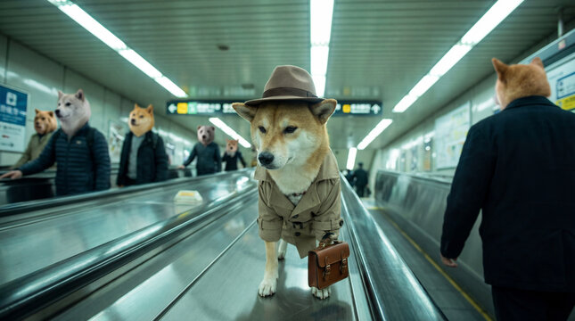 Dog traveling in airport, creative anthropomorphic lifestyle scene exploring animal behavior, responsible care, companionship, wellbeing, humane values, education, modern lifestyle