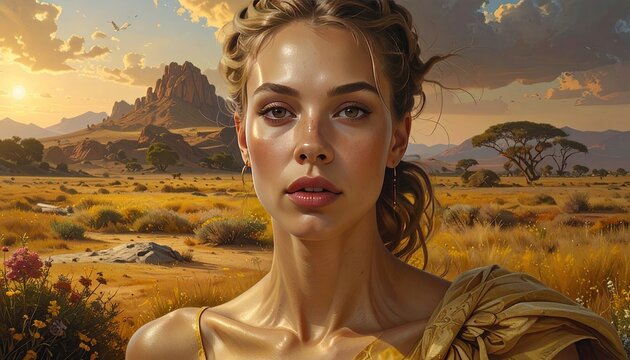 Radiant Woman Portrait in Desert Landscape with Warm Sunset