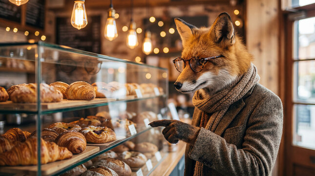 Fox shopping in bakery, creative anthropomorphic lifestyle scene showing animal welfare, responsible care, wellbeing, humane values, education, community awareness, for humane community awareness