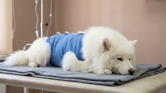 Polar bear receiving veterinary care in veterinary clinic, creative anthropomorphic lifestyle scene showing animal behavior, responsible care, wellbeing, humane values, education, modern lifestyle