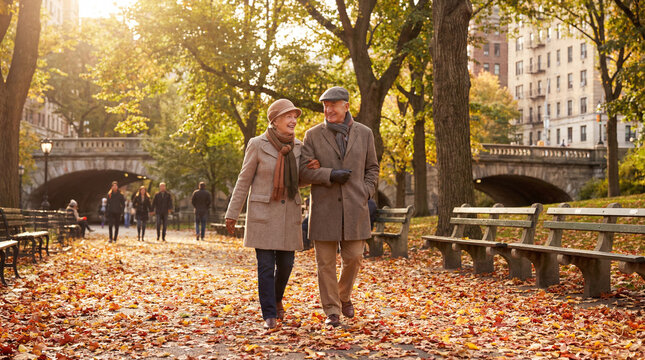 Happy senior couple walking arm in arm through city park covered with autumn leaves, authentic active aging concept showing independence daily value value value value value value value
