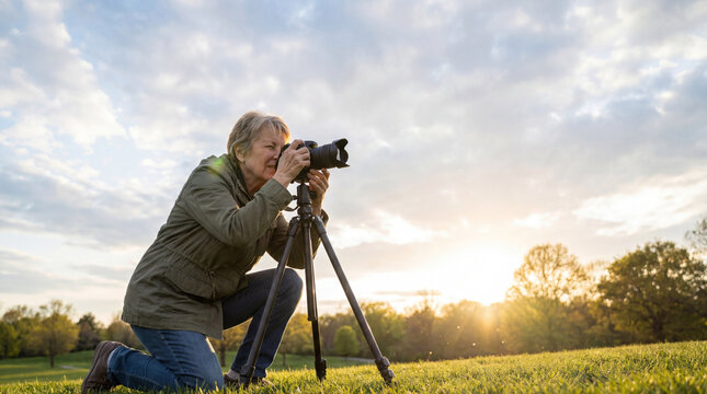 Senior woman photographing outdoor landscape with camera tripod at sunrise, authentic active aging concept showing independence confidence value value value value value value value