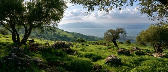 Fototapeta premium Beautiful landscape overlooking the sea of galilee from the golan heights with olive trees and rocky terrain