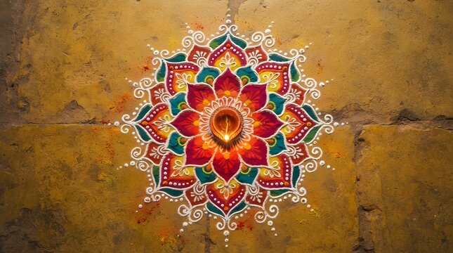 Intricate floral rangoli pattern with a lit diya lamp in the center on a textured stone floor