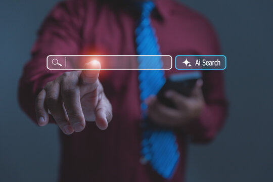 Businessman Pointing at Virtual AI Search Bar Interface for Smart Data Retrieval.