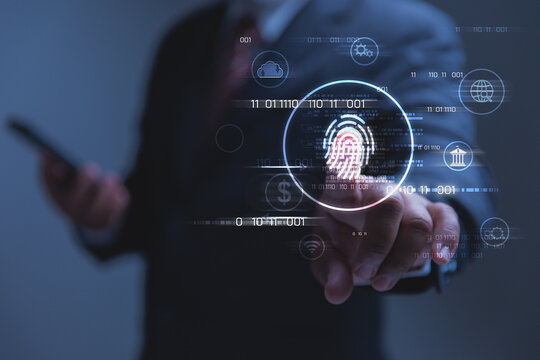 Businessman Using Smartphone for Secure Digital Identity Verification and Data Protection with Fingerprint Scanner.