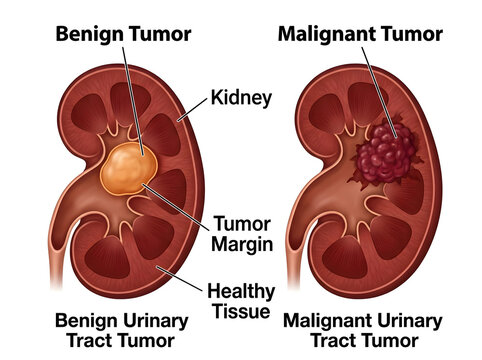 Benign and malignant kidney urinary tract tumors comparison isolated on white background