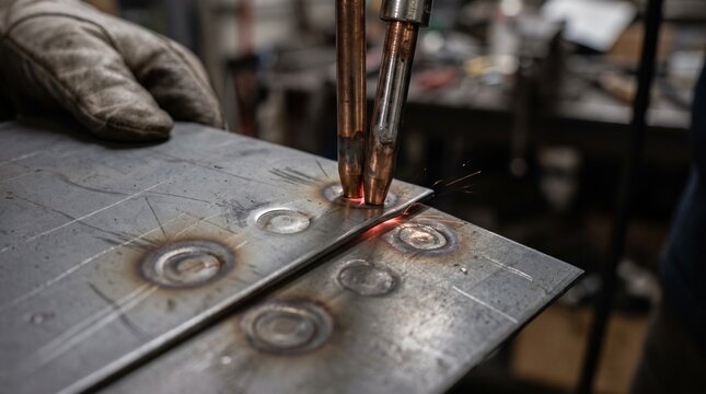 Close-up of resistance spot welding, showing glowing electrodes joining two metal sheets in a fabrication workshop. Highlights the industrial manufacturing process.