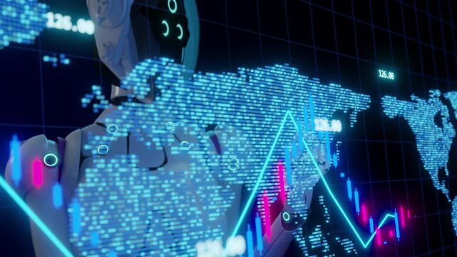 robotic use hologram dynamic digital graph with data trends in high-tech urban environment,symbolizing innovation,advanced analytics,AI robot analyzing financial growth holding glowing business chart