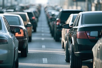 Fototapeta premium Endless cars stretch on a sun-drenched, empty highway, stalled