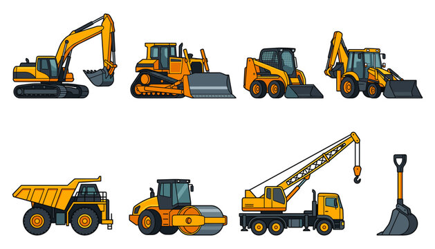 Heavy Construction Vehicles and Machinery Vector Icon Set Featuring Excavator, Bulldozer, Dump Truck, Crane, and Road Roller Illustrations for Engineering Designs