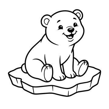 Cute baby polar bear sitting on a small floating ice floe, black and white line for children coloring page activity