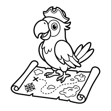 Cute pirate parrot wearing a hat standing on a treasure map with a compass for kids coloring page simple line