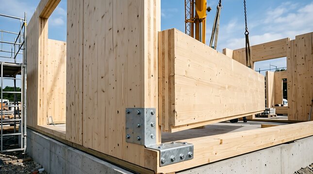 Cross Laminated Timber wall panel installation at a modern sustainable construction site.