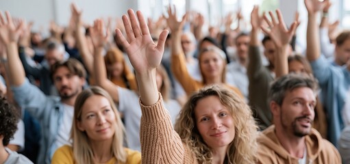 Fototapeta premium A group of diverse professionals raising their hands in a well-lit conference room, symbolizing teamwork and engagement.